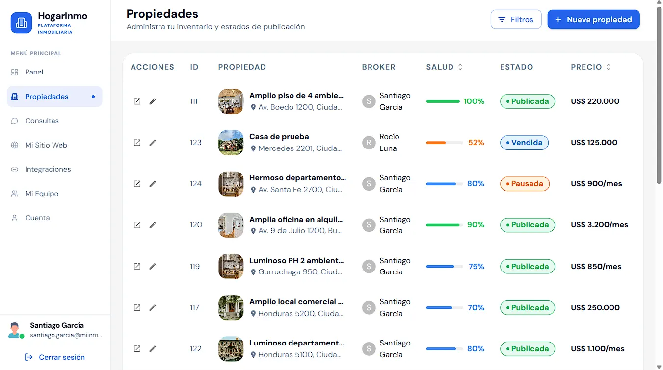Listado de propiedades en el CRM inmobiliario de HogarInmo