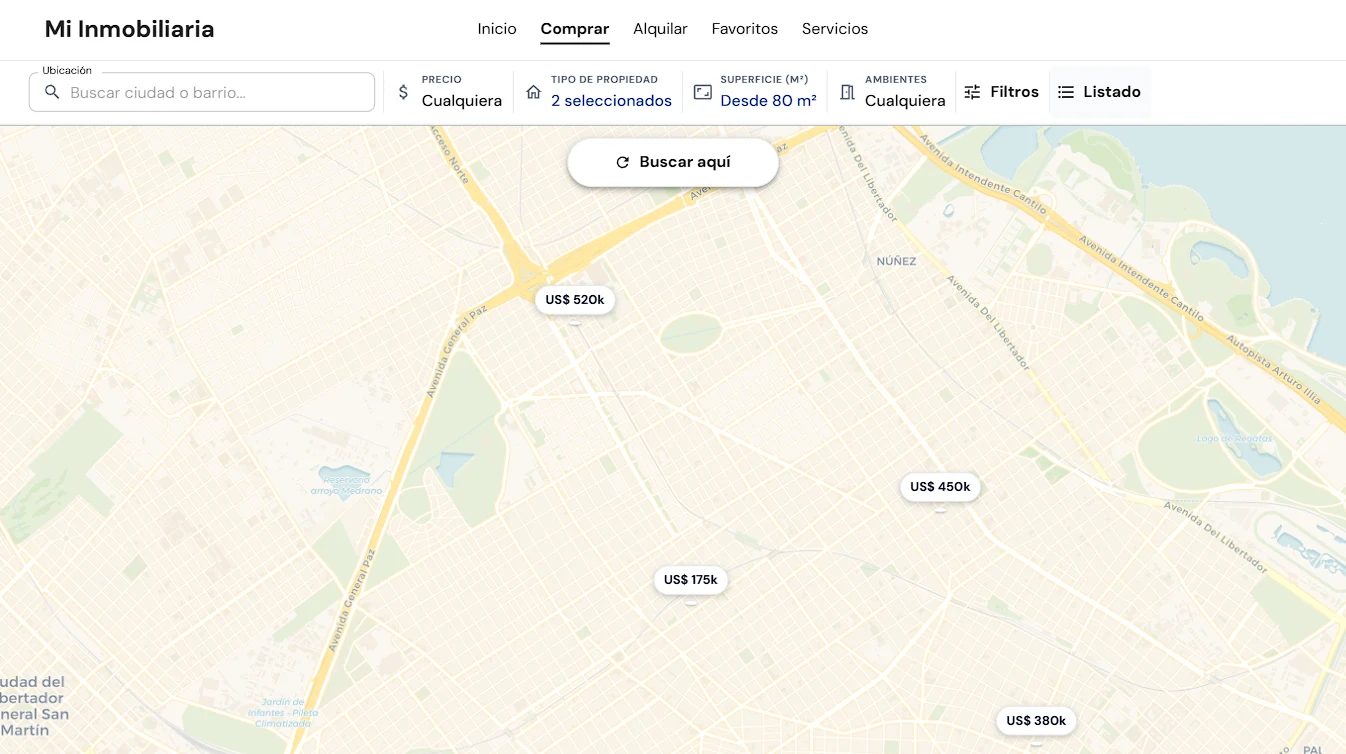 Búsqueda de propiedades en el mapa de la web inmobiliaria
